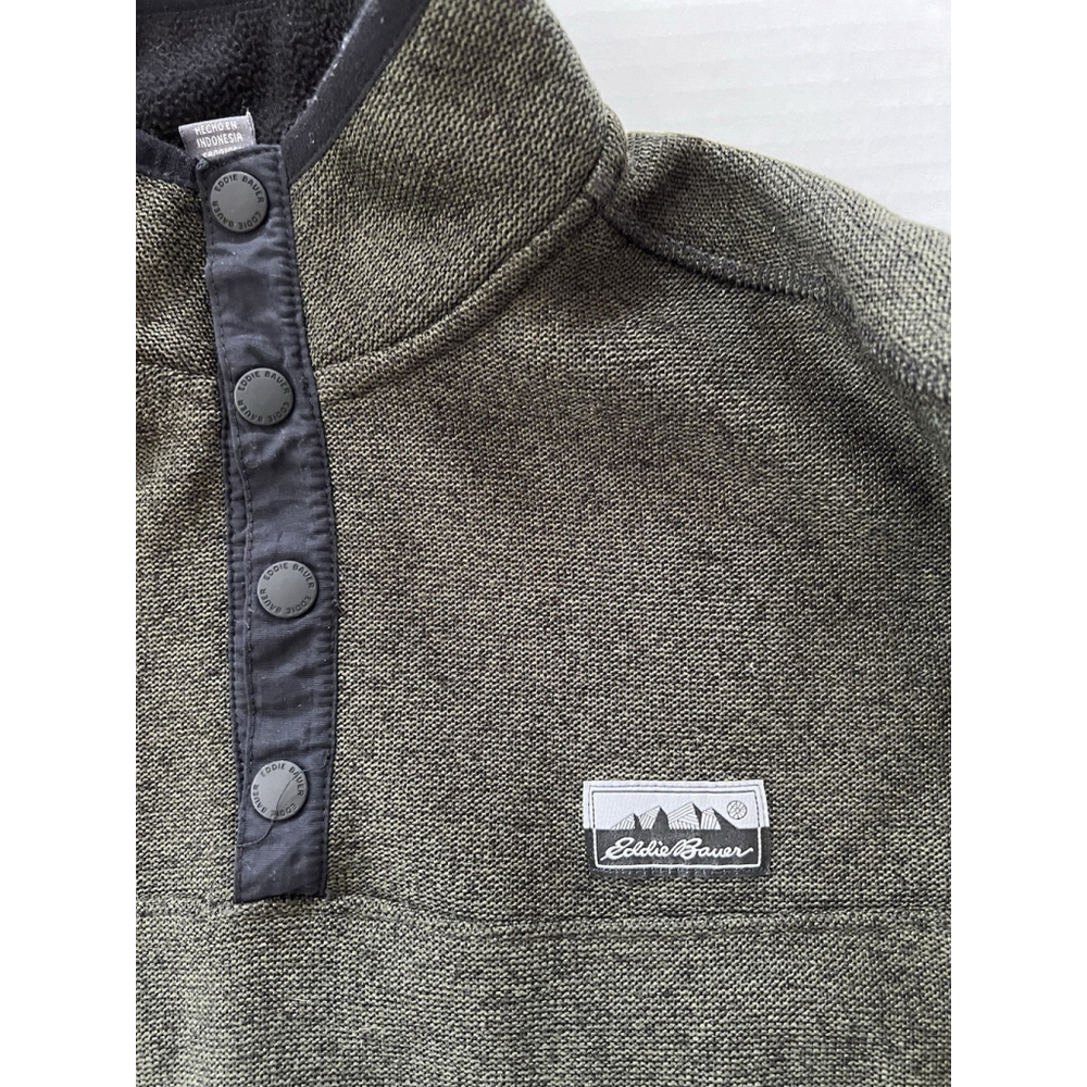 Mens EDDIE BAUER Knit Fleece Sweater 1/4 Button Pullover Hthr Green Small - Picture 5 of 8